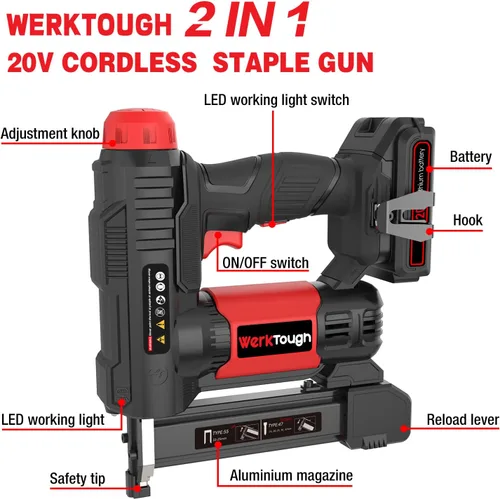 Vista 2 de Pistola de grapas inalámbrica de 20 V, clavadora 2 en 1 de aluminio, cargador rápido de 1 hora, batería de litio de 2000 mA, 2000 grapas gratis