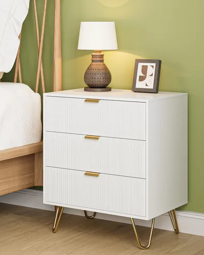Vista 3 de Cómoda blanca para dormitorio, moderna cómoda acanalada de 3 cajones con almacenamiento, cómoda con asas doradas para dormitorio, sala de estar