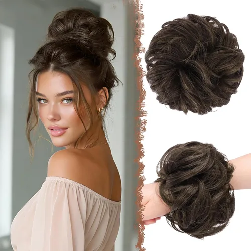 Vista 38 de FESHFEN Pieza de Cabello Grande de Moño Desordenado de Fibra Sintética Negro Azabache, 1.94 oz