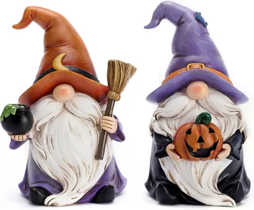 Valery Madelyn Gnomos decoraciones de Halloween para interiores, 2 piezas de decoración de gnomos de resina para el hogar con sombrero de bruja