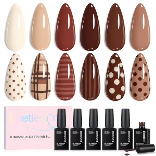 Vista 12 de Beetles - Juego de esmaltes de uñas de gel Jelly de 6 colores, tonos nude, rosa, marrón, con brillo y efecto de glitter, kit de esmaltes de gel