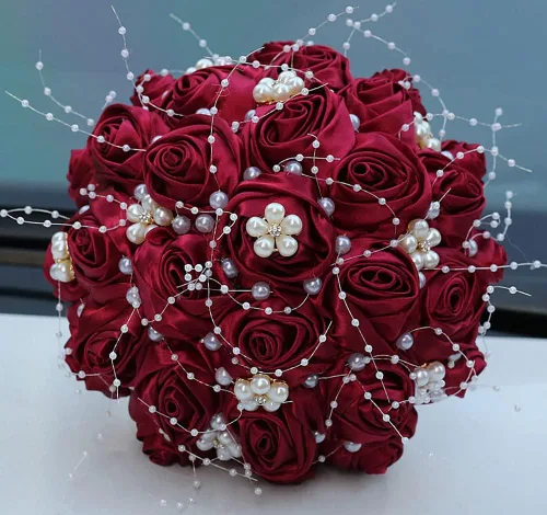 Sharebeauty - Ramo de novia de 5.9 pulgadas, hecho a mano, de satén, rosa, redondo, para lanzar, ramo de flores artificiales, color rojo oscuro 809