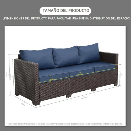 Vista 3 de Rattaner Sofá de mimbre para patio de 3 asientos, muebles de sofá de ratán para exteriores con marco de acero con funda para muebles y asiento Azul