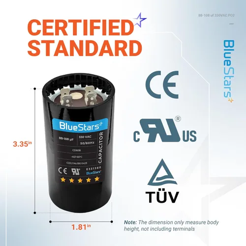 Vista 2 de Capacitor de arranque de motor [2025 Actualizado] BlueStars 88-108 uf MFD 330 VAC Voltios redondo AC eléctrico de reemplazo - Compatible
