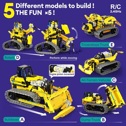 Vista 2 de LECPOP Kit de construcción de juguete de robot STEM 5 en 1, 452 piezas de bloques de ingeniería con aplicación y control remoto, juguetes robóticos