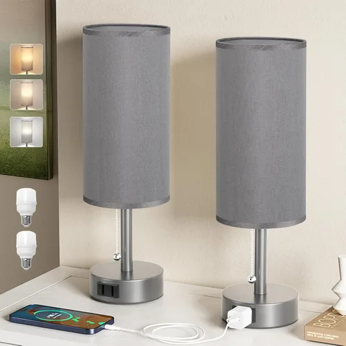 Vista 19 de Fenmzee - Juego de 2 lámparas de mesa de noche con 3 temperaturas de color, lámpara de cadena con puerto de carga de CA, redonda, para dormitorio