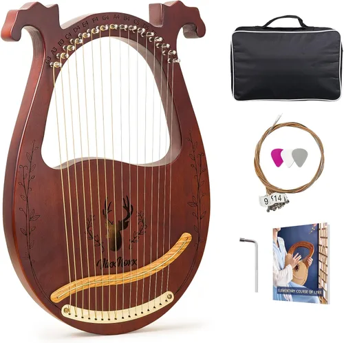 Vista 9 de Lira con Arpa, Kit de Arpa Lyra de 15 cuerdas de 23 pulgadas de Zelkova, instrumentos musicales de cuerda con llave de afinación, bolsa