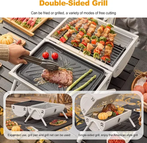 Vista 3 de Ergocar Parrilla de barbacoa, parrilla de barbacoa de mesa 2 en 1, barbacoa de hierro portátil con bandeja para hornear, parrilla de carbón