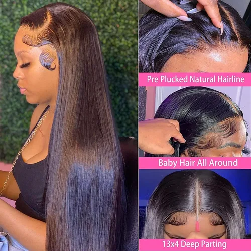 Vista 16 de Lemoda Peluca de encaje frontal completo de 13 x 6 pulgadas, pelucas de cabello humano lacio HD transparente de encaje sin pegamento, peluca