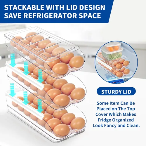Vista 4 de MesRosa Organizador de Huevos para Nevera, Organizador de Huevos Automático con Rodillos para Refrigerador, Contenedor y Bandeja de Huevos