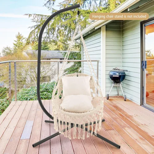 Vista 4 de HAPPYGRILL Silla hamaca colgante con cojines de asiento suaves, columpio de macramé para interiores y exteriores, cuerda y cadena resistentes, silla