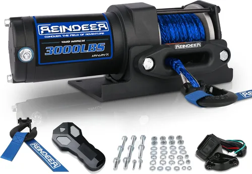 REINDEER Nuevo cabrestante de 12V, capacidad de carga de 3000 libras, kit de cabrestante eléctrico, cuerda sintética con Hawse Fairlead impermeable