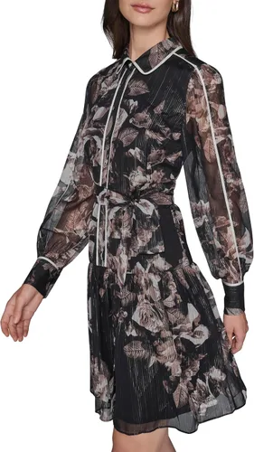 Vista 3 de Karl Lagerfeld Vestido camisero de gasa arrugado estampado de manga larga para mujer