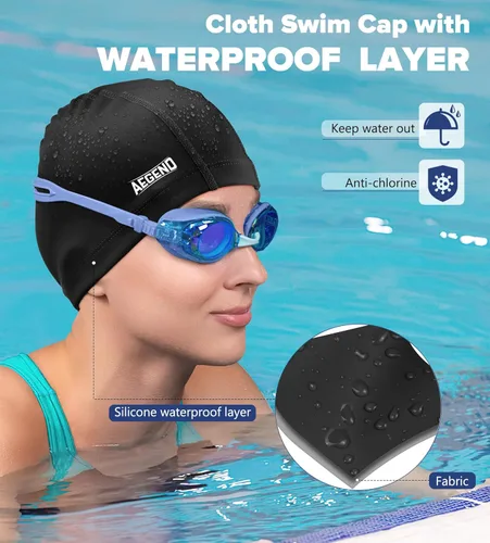 Vista 2 de Aegend Gorro de natación de tela, capa impermeable de silicona, gorra de natación de tela transpirable, mantiene el cabello seco con alta
