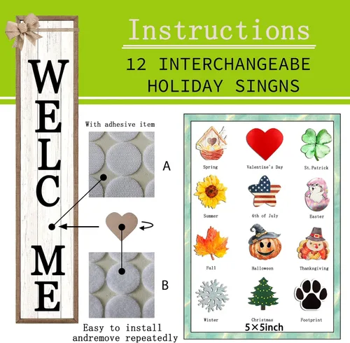 Vista 4 de Letrero de bienvenida intercambiable para exteriores para porche delantero de pie de 45"X9" con marco de madera grande con 12 piezas de iconos