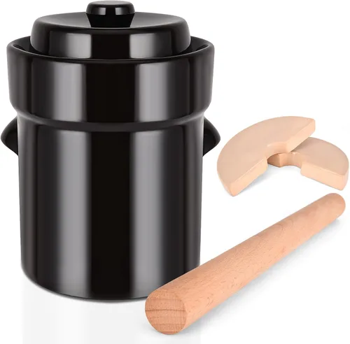Vista 7 de Fermentation Crock 2 Liter / 0.5 Gallon, Sauerkraut Crock with Lid, Weights & Pounder - Ceramic Fermenting Crock Kit for Pickling Cabbage Kimchi