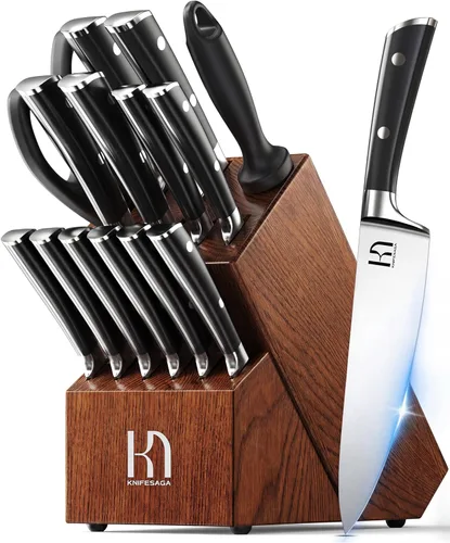 KnifeSaga Juego de cuchillos de cocina de 15 piezas, juego de cuchillos de chef de acero inoxidable de alto carbono con bloque y afilador, juego de