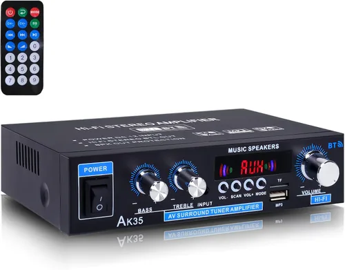 AK35 Amplificador de Audio Estéreo Bluetooth 5.0 de 200 W, Mini Receptor de Amplificador Estéreo de 2.0 Canales con Control de Graves y Agudos,