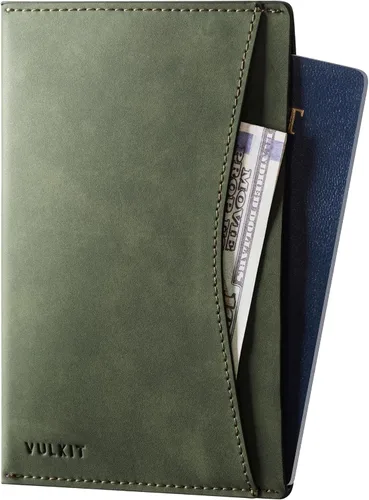 Vista 10 de VULKIT Funda para pasaporte, diseño ultradelgado, funda de piel para pasaporte, bloqueo RFID con 2 ranuras para tarjetas, artículos esenciales