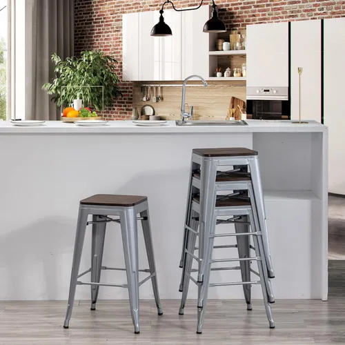 Vista 13 de Yongchuang Taburetes de bar de metal de 30 pulgadas, juego de 4 taburetes de bar apilables sin espalda, taburetes de altura de barra con parte