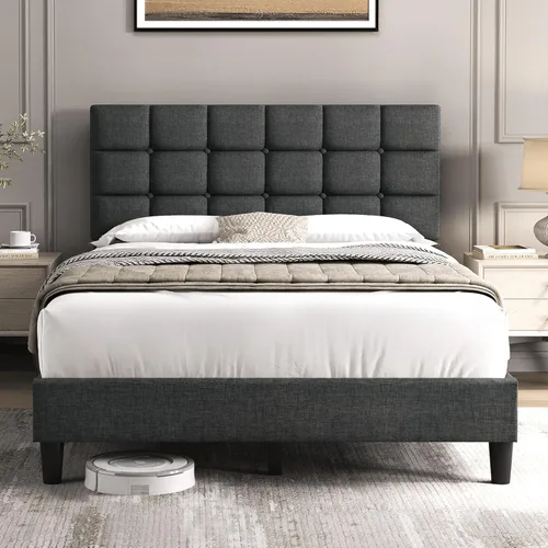 Vista 12 de Yaheetech Marco de Cama Tapizado, Plataforma de Cama Full Moderna con Cabecera de Costura Cuadrada y Capitoné con Botones, Altura Ajustable, Soporte