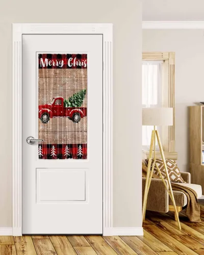 Vista 33 de Cortinas de puerta francesa de Navidad para ventana de puerta, panel de cortina con bolsillo para barra con alzapaños para luz lateral delantera