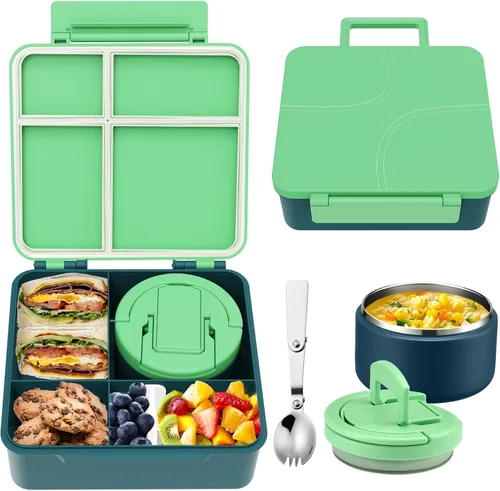 Vista 11 de MAXSO Set de Lonchera Bento para Niños con Termo de Sopa de 8 oz, Envase para Comida Caliente a Prueba de Fugas con 4 Compartimentos, Tarro