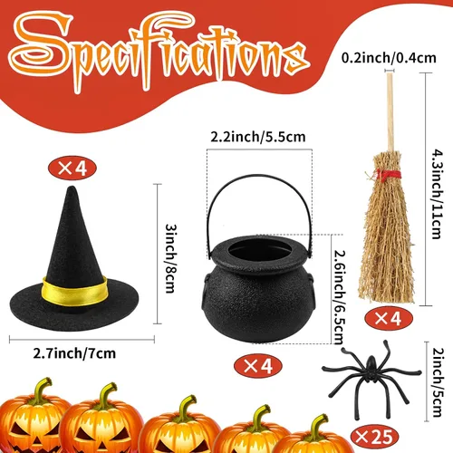 Vista 2 de FOIMAS 37 piezas de sombreros de bruja mini caldero de caramelo negro y escobas de bruja para Halloween, accesorios de manualidades, decoración