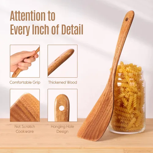 Vista 3 de Juego de 5 cucharas de madera para cocinar, juego de utensilios de cocina de teca natural, superficie antiadherente lisa, juego de espátulas