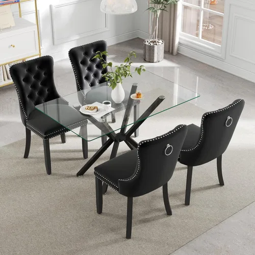 Vista 2 de Juego de comedor moderno de cristal de lujo de 5 piezas, juego de comedor rectangular minimalista para 4, juego de mesa de cocina de vidrio