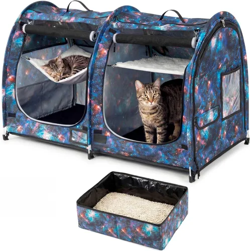 Vista 15 de Mispace - Jaula portátil de doble compartimiento para exposición, para gatos, cómoda jaula de viaje para perros con bolsa de transporte, 2