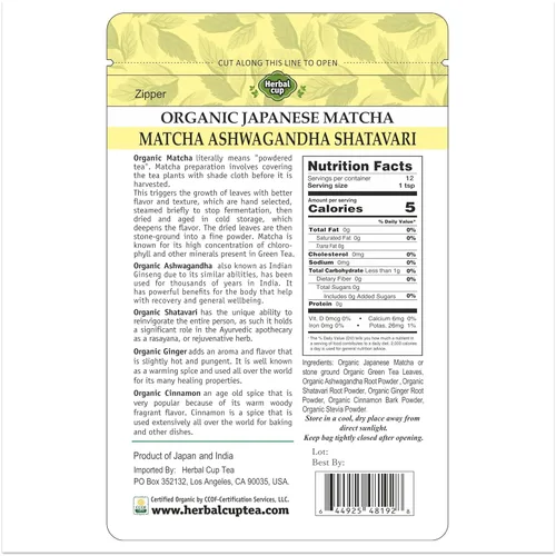 Vista 2 de Herbal Cup Té Orgánico Japonés Matcha Ashwagandha Shatavari, 2oz