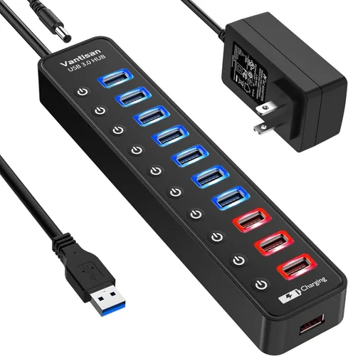 vantisan Concentrador USB 3.0 alimentado, extensión divisor de concentrador USB de 11 puertos, 7 puertos de datos USB 3.0 + 4 puertos de carga