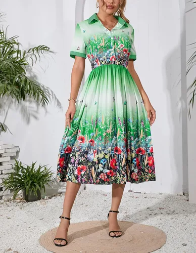 Vista 2 de VERWIN solapa manga tres cuartos hasta la rodilla plisado floral vestido de mujer