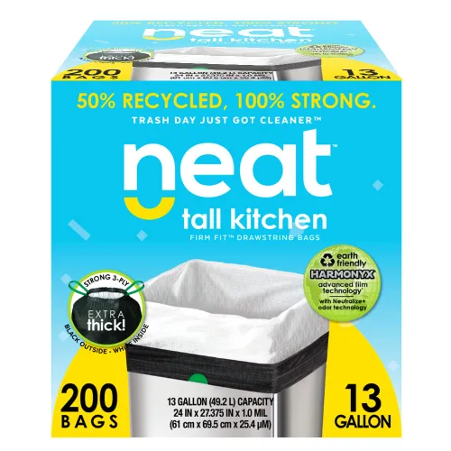 Neat Tall Kitchen - Bolsas de basura con cordón de 13 galones (MEGA 200 unidades) - Triple capa fortificada, ecológica, 50% material reciclado,