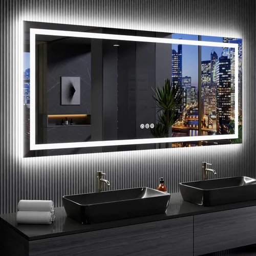 Vista 55 de LOAAO Espejo de baño LED de 28 x 36 pulgadas con luces, antiniebla, regulable, retroiluminado + iluminado frontal, espejo de tocador de baño