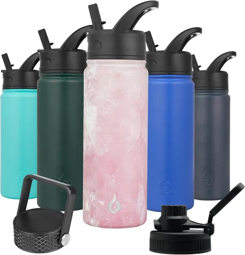 Vista 17 de BJPKPK - Botellas de agua aisladas con tapa de popote, botella de agua de acero inoxidable de 27 onzas con 3 tapas, termo de metal libre de BPA a