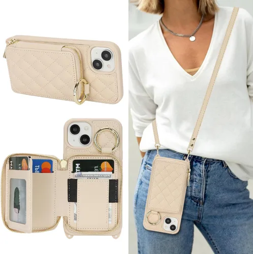 Vista 8 de Funda tipo cartera con bandolera para iPhone 15 Pro Max, funda de piel sintética con cierre de cremallera, funda tipo atril con ranuras para Oro Rosa