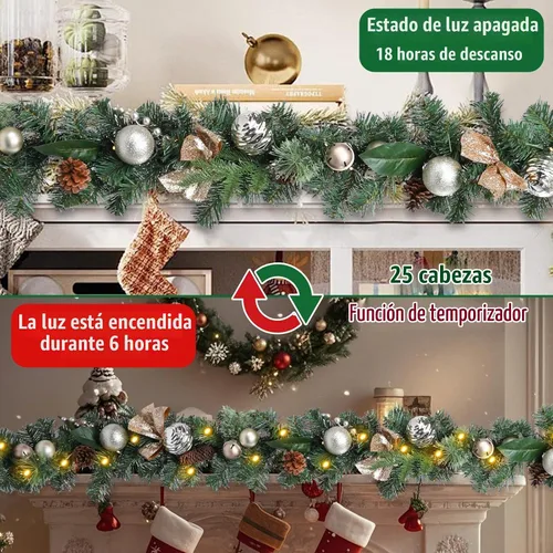 Vista 3 de Guirnalda de Navidad Iluminada para Interiores y Exteriores, Decoraciones de Guirnaldas de Navidad Artificiales con Luz de Repisa, Bastón
