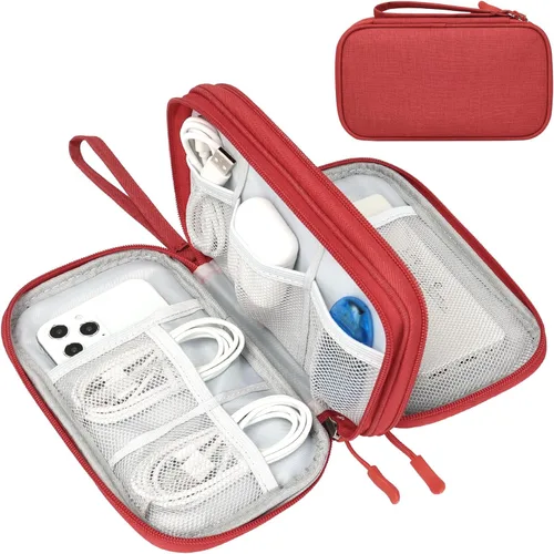 Vista 21 de FYY Organizador para cosas electrónicas, para viajes, para cables, celular y auriculares, estuche portátil, impermeable, doble capa, bolsa de Rosa