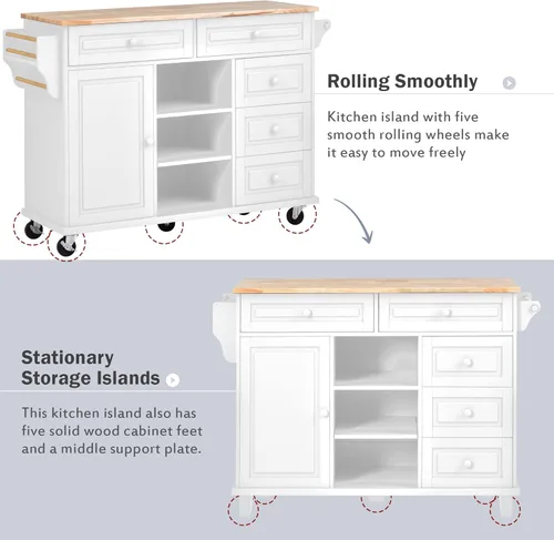 Vista 4 de Carrito móvil de isla de cocina de estilo moderno de 53 pulgadas de ancho con escritorio y gabinete de madera de goma, 5 cajones y ruedas