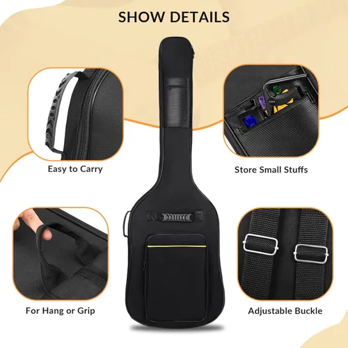 Vista 7 de Funda para Bajo Eléctrico con Acolchado de 7mm, Impermeable, Bolsa para Bajo Eléctrico con Correa para el Cuello y Bolsillos, Negra