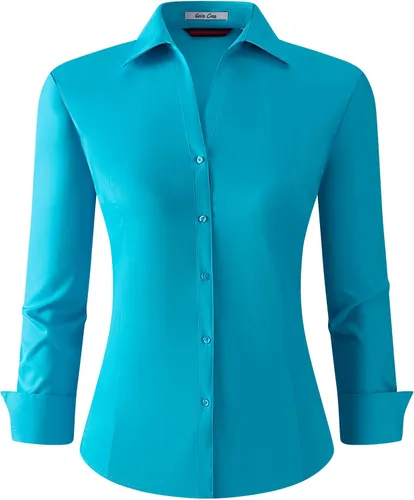 Vista 19 de WARHORSEE Camisa de botones de manga larga para mujer, camisas de vestir de trabajo, cuello en V, de fácil cuidado, elásticas, blusas casuales