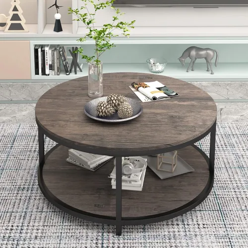 Vista 4 de Mesa de centro redonda de 36 pulgadas, superficie superior de madera rústica y patas de metal resistentes, mesa industrial para sala de estar