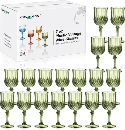Vista 13 de XUWAIDSGN 16 Piezas Copas de Vino Vintage de Plástico de 7oz Vasos para Beber Irrompibles Cristalería para Bodas Copas de Agua de Cristal