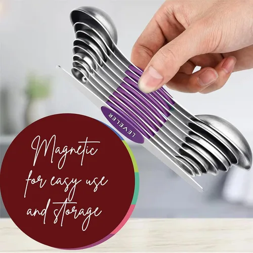 Vista 3 de Juego de 9 cucharas medidoras magnéticas de acero inoxidable, apilables, de doble cara, cucharas medidoras para medir ingredientes secos y líquidos