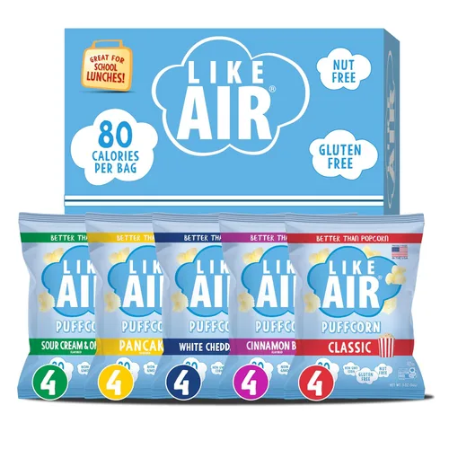 Like Air Puffcorn - Paquete de 5 sabores variados (14 g, paquete de 20) - Snacks de porción única, 80 calorías, sin gluten, kosher, maíz sin OMG,