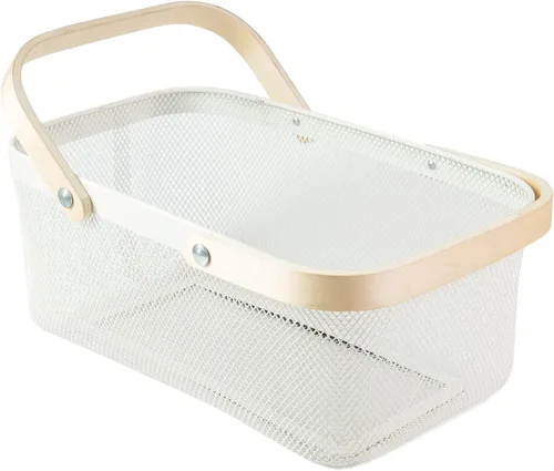 Vista 8 de Cesta portátil de cosecha de jardín, diseño de malla, cesta de almacenamiento de alambre con mango de bambú natural, cesta de malla con asa