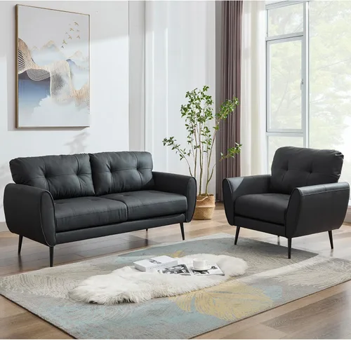 Vista 19 de TYBOATLE Sofá de sofá de 61 pulgadas de cuero sintético negro, sofá de dos plazas pequeño para sala de estar, sofá de estilo moderno de mediados