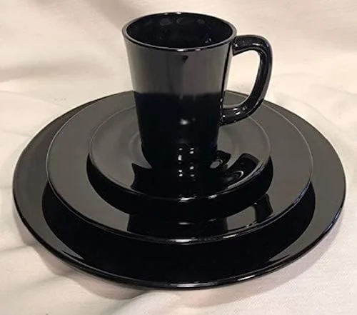 Plain & Simple - Platos para pan/ensalada/cena y taza de café - Mosser Glass USA - Juego de vajilla de 4 piezas (negro)